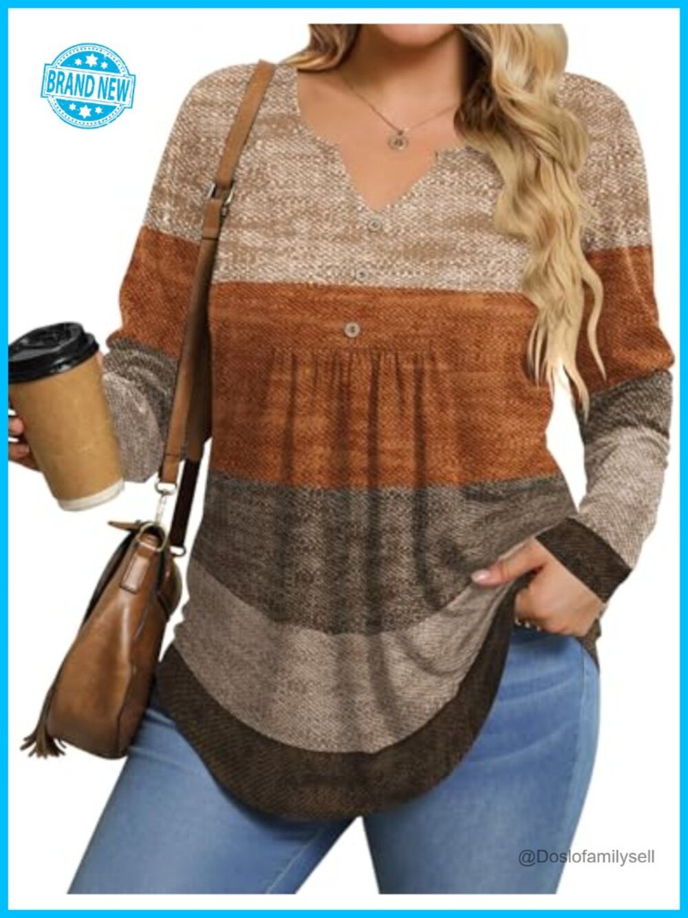 Womens Plus Size Long Sleeve Tunic Top V Neck Button Fall Blouse